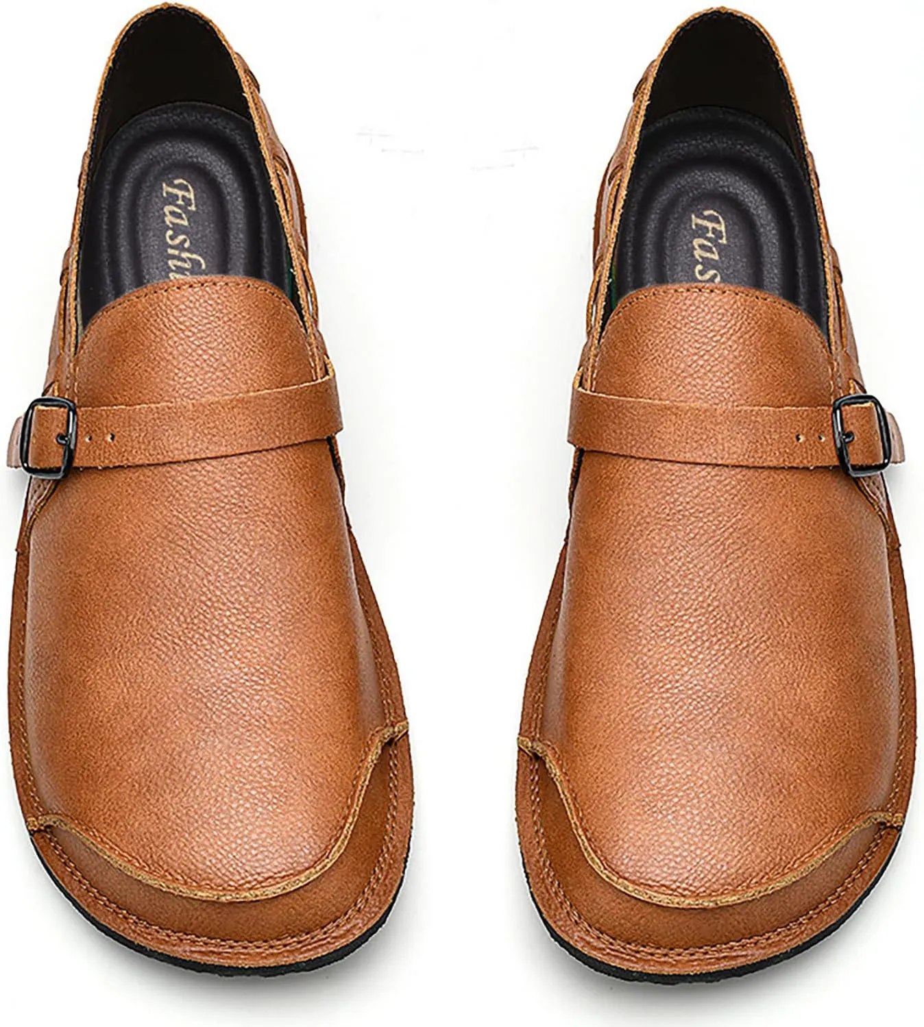 Men's Leather Slip On Flat Loafer,Casual Lightweight Soft Sole Driving Penny Shoes Adjustable Buckle Hand-Made Dress Shoes