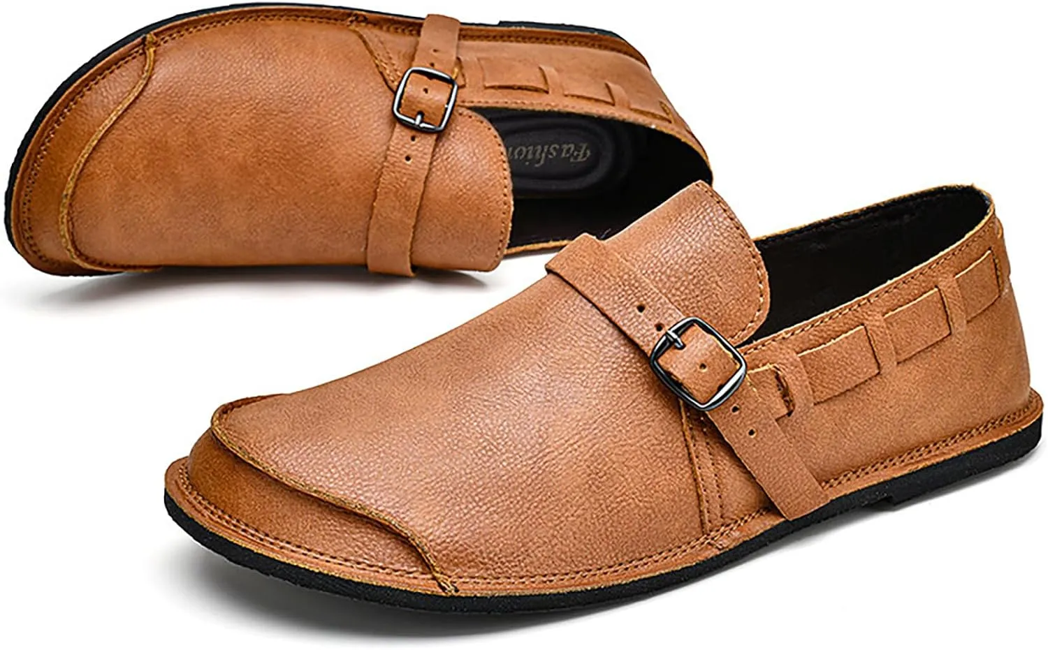 Men's Leather Slip On Flat Loafer,Casual Lightweight Soft Sole Driving Penny Shoes Adjustable Buckle Hand-Made Dress Shoes