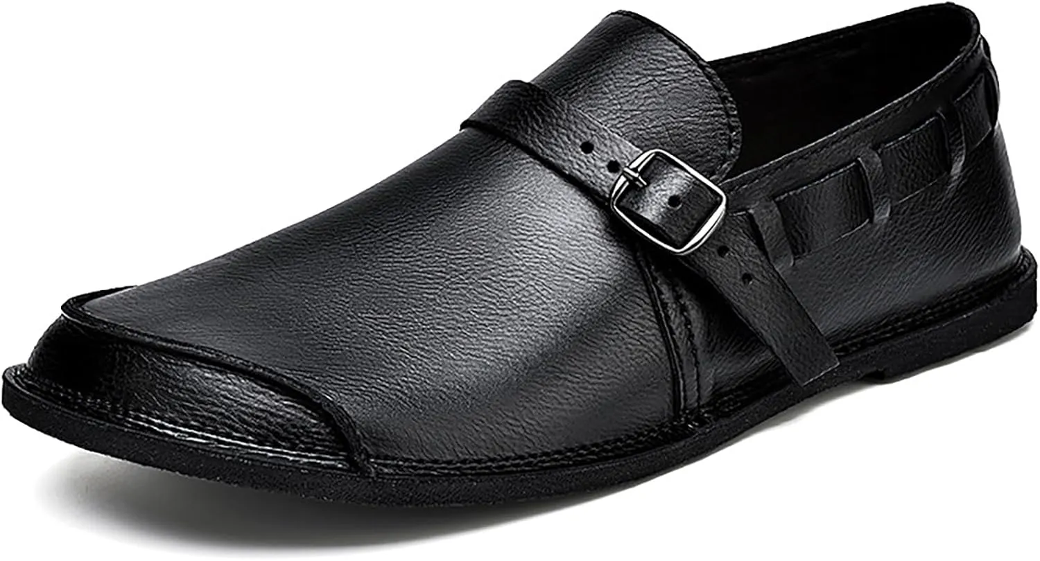 Men's Leather Slip On Flat Loafer,Casual Lightweight Soft Sole Driving Penny Shoes Adjustable Buckle Hand-Made Dress Shoes