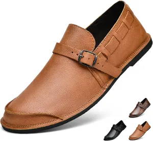 Men's Leather Slip On Flat Loafer,Casual Lightweight Soft Sole Driving Penny Shoes Adjustable Buckle Hand-Made Dress Shoes