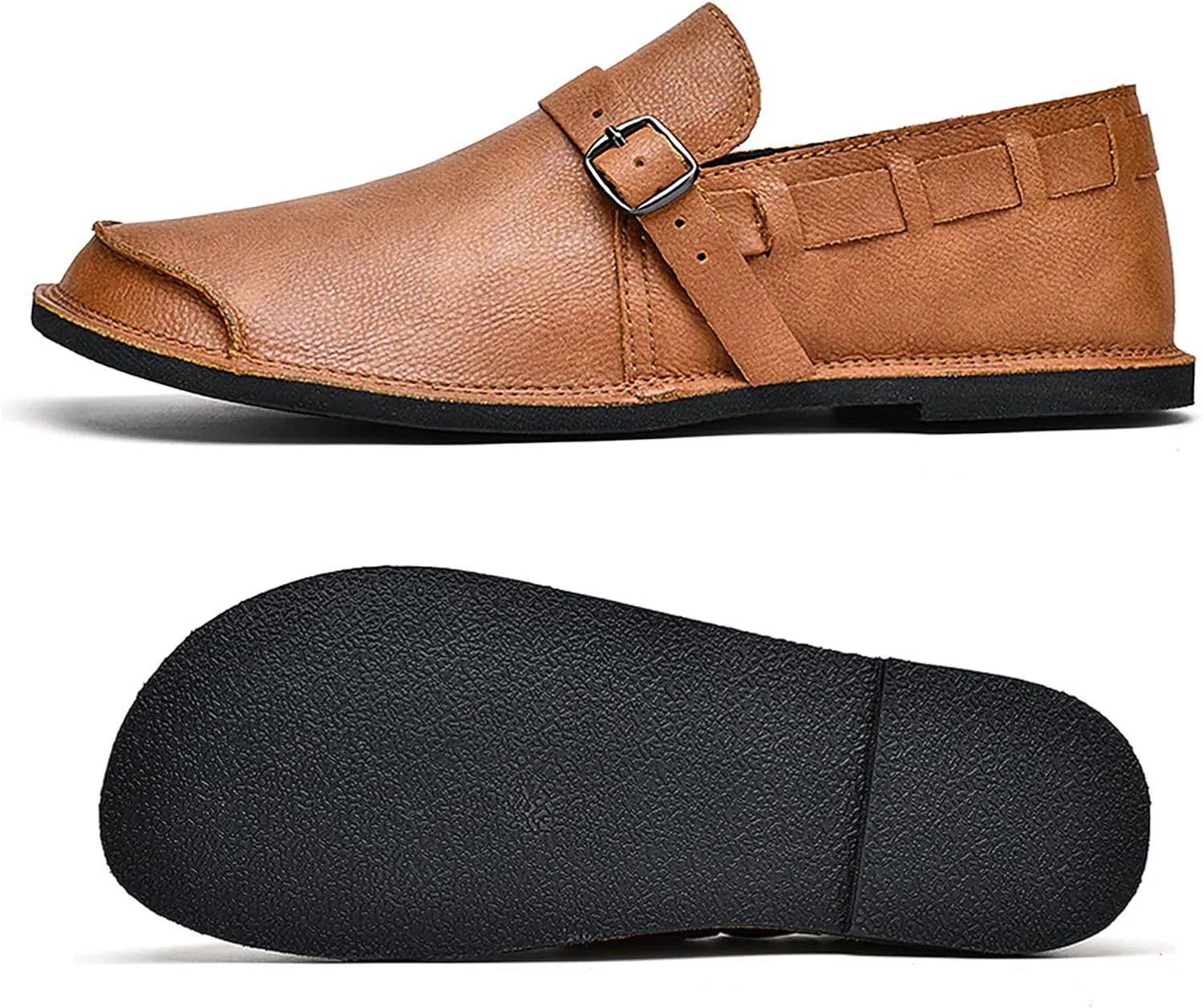 Men's Leather Slip On Flat Loafer,Casual Lightweight Soft Sole Driving Penny Shoes Adjustable Buckle Hand-Made Dress Shoes