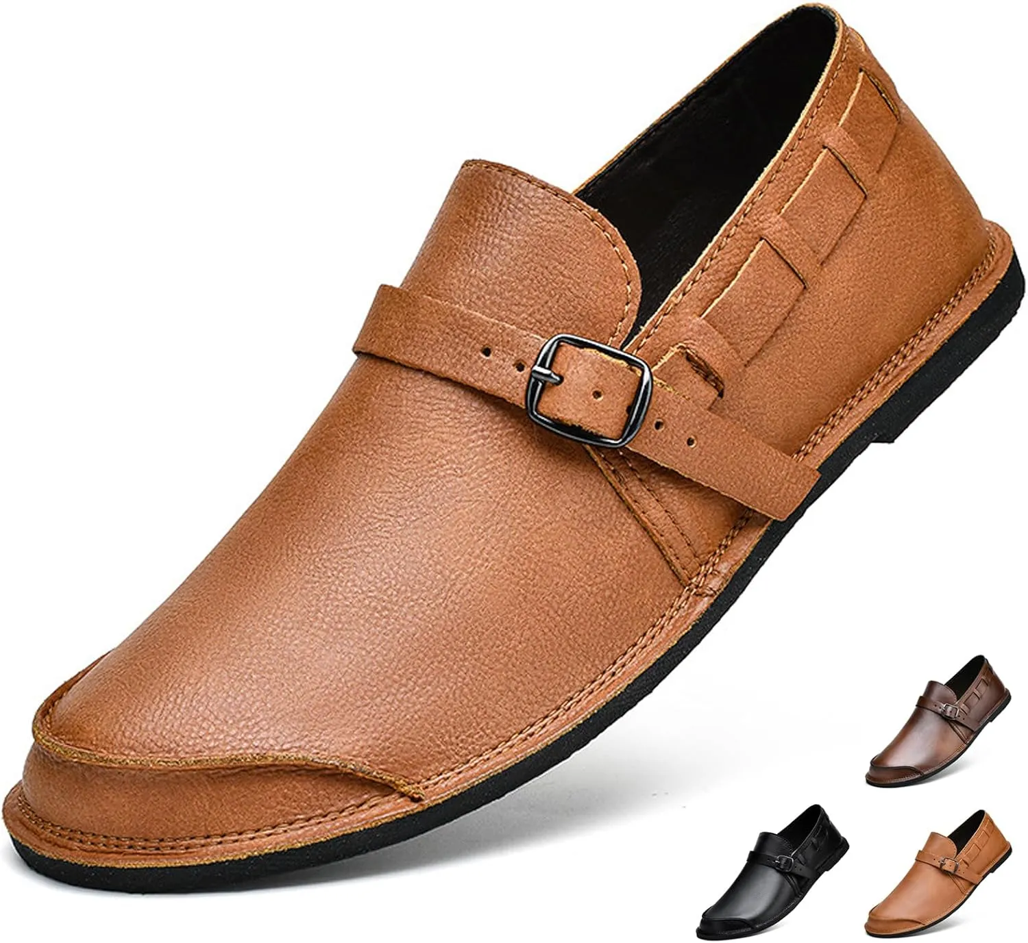 Men's Leather Slip On Flat Loafer,Casual Lightweight Soft Sole Driving Penny Shoes Adjustable Buckle Hand-Made Dress Shoes