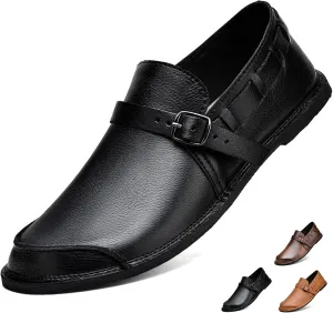 Men's Leather Slip On Flat Loafer,Casual Lightweight Soft Sole Driving Penny Shoes Adjustable Buckle Hand-Made Dress Shoes