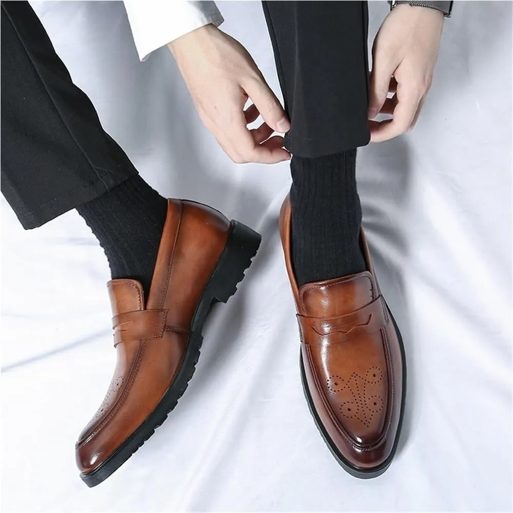 Men's Loafers Pointed Toe PU Leather Flat Heel Comfortable Anti-Slip Business Oxfords