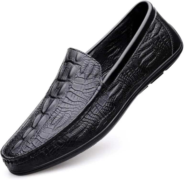 Mens Loafers Round Toe Vegan Leather Crocodile Embossed Loafer Resistant Flexible Comfortable Casual Slip On