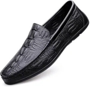 Mens Loafers Round Toe Vegan Leather Crocodile Embossed Loafer Resistant Flexible Comfortable Casual Slip On