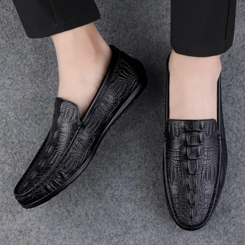 Mens Loafers Round Toe Vegan Leather Crocodile Embossed Loafer Resistant Flexible Comfortable Casual Slip On