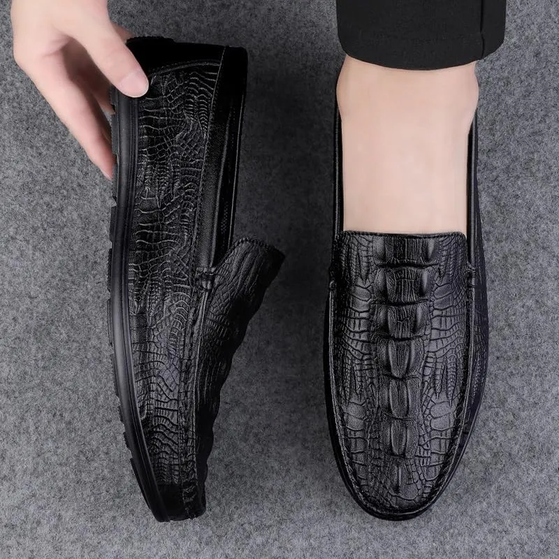 Mens Loafers Round Toe Vegan Leather Crocodile Embossed Loafer Resistant Flexible Comfortable Casual Slip On