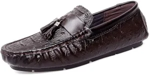 Mens Loafers Shoe Round Toe Crocodile Print with Tassel Driving Loafers Flexible Flat Heel Anti-Slip Party Walking Slip-on