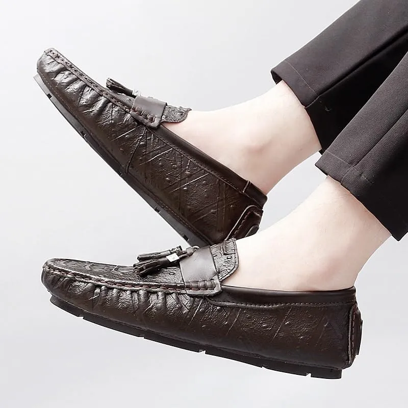Mens Loafers Shoe Round Toe Crocodile Print with Tassel Driving Loafers Flexible Flat Heel Anti-Slip Party Walking Slip-on