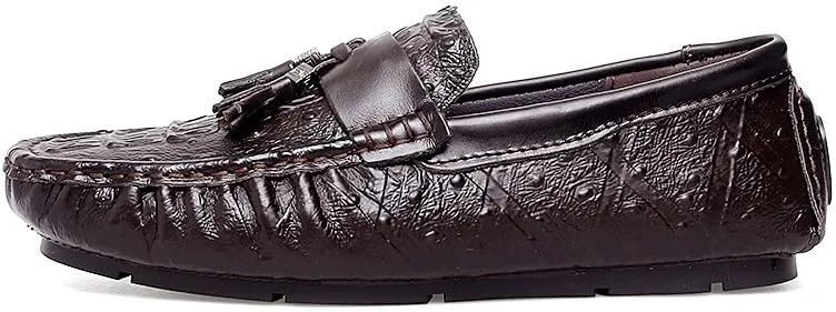 Mens Loafers Shoe Round Toe Crocodile Print with Tassel Driving Loafers Flexible Flat Heel Anti-Slip Party Walking Slip-on