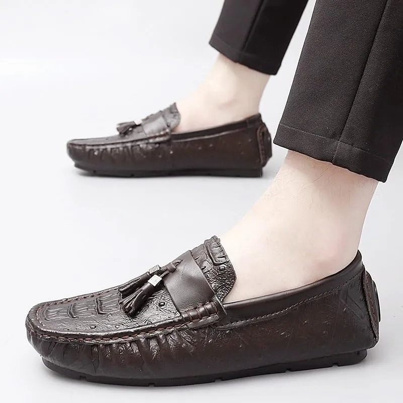 Mens Loafers Shoe Round Toe Crocodile Print with Tassel Driving Loafers Flexible Flat Heel Anti-Slip Party Walking Slip-on