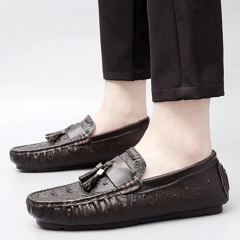 Mens Loafers Shoe Round Toe Crocodile Print with Tassel Driving Loafers Flexible Flat Heel Anti-Slip Party Walking Slip-on