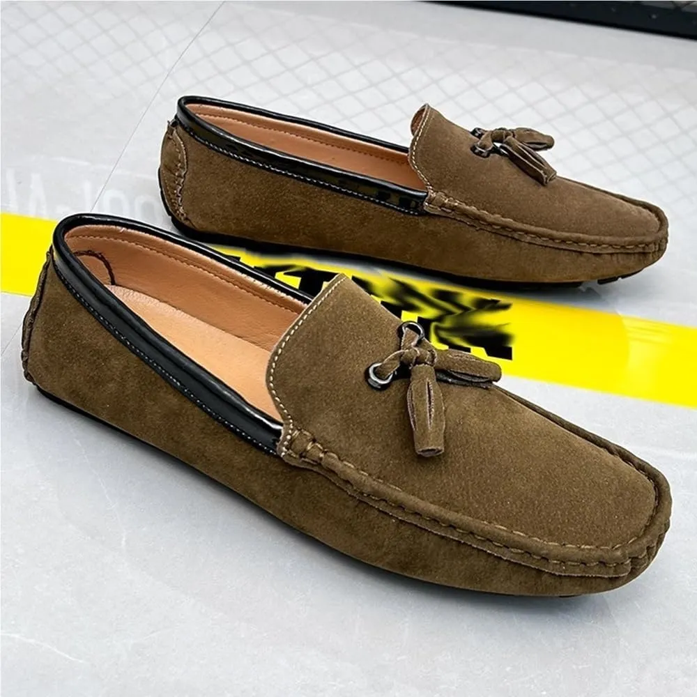 Mens Loafers Shoe Round Toe Vegan Suede Leather Driving Loafers with Tassel Lightweight Comfortable Flat Heel Outdoor Slip-ons