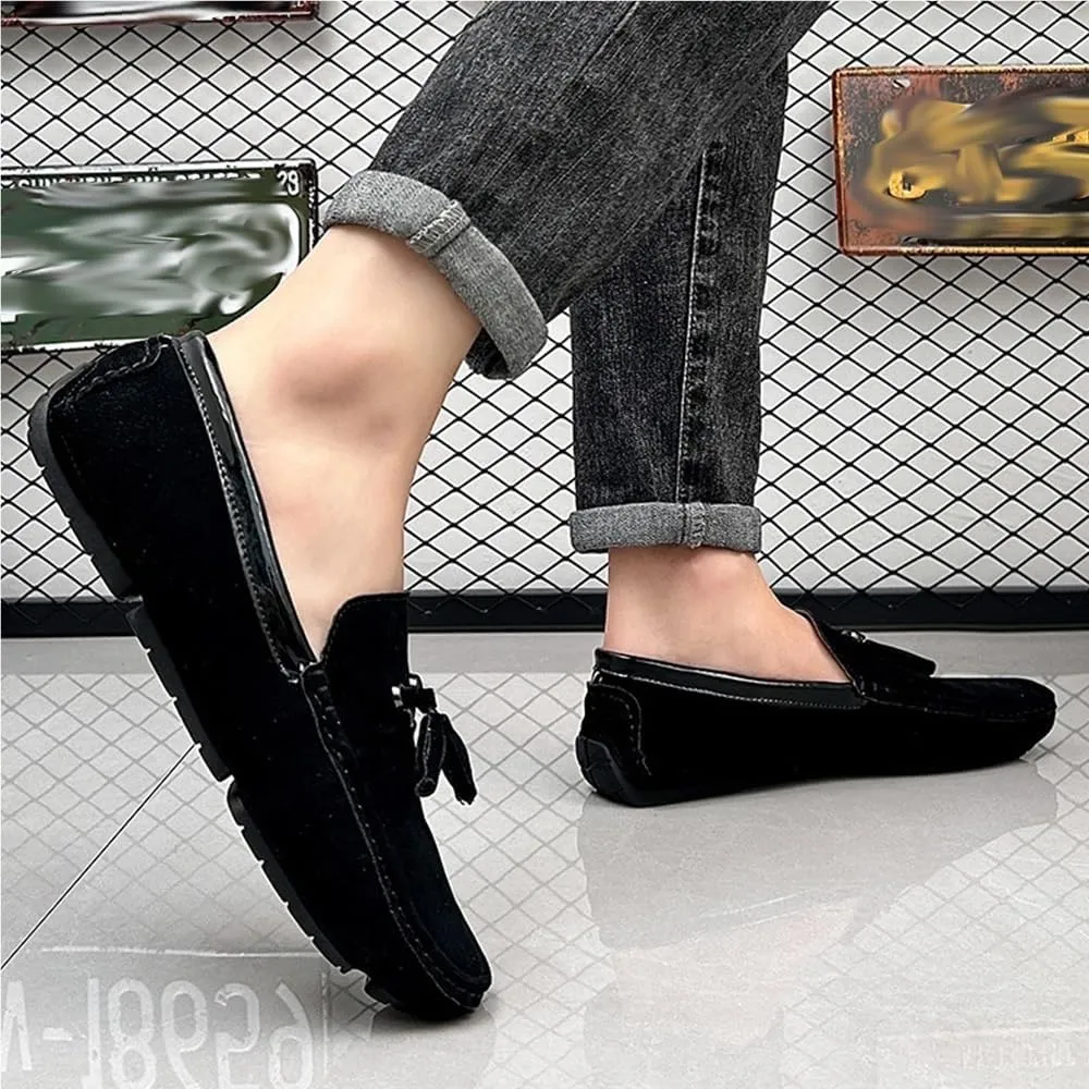 Mens Loafers Shoe Round Toe Vegan Suede Leather Driving Loafers with Tassel Lightweight Comfortable Flat Heel Outdoor Slip-ons