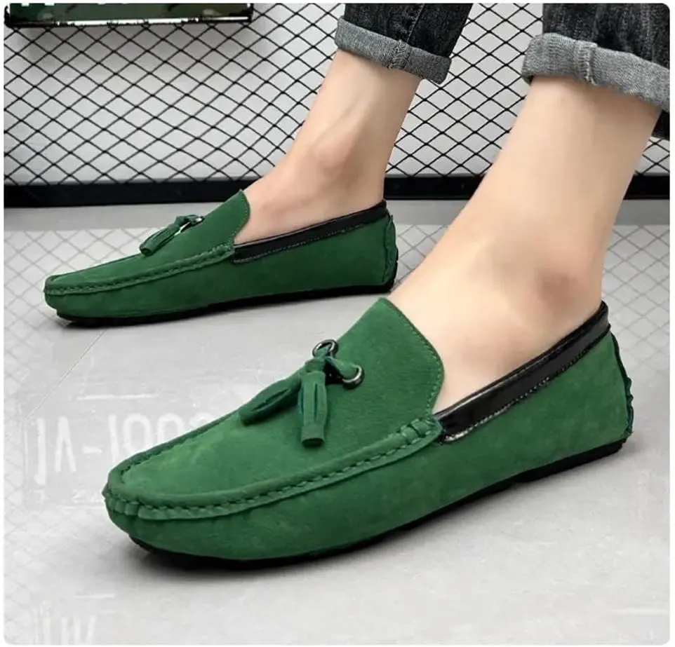 Mens Loafers Shoe Round Toe Vegan Suede Leather Driving Loafers with Tassel Lightweight Comfortable Flat Heel Outdoor Slip-ons