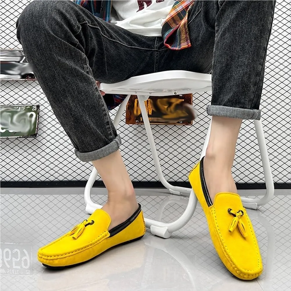 Mens Loafers Shoe Round Toe Vegan Suede Leather Driving Loafers with Tassel Lightweight Comfortable Flat Heel Outdoor Slip-ons