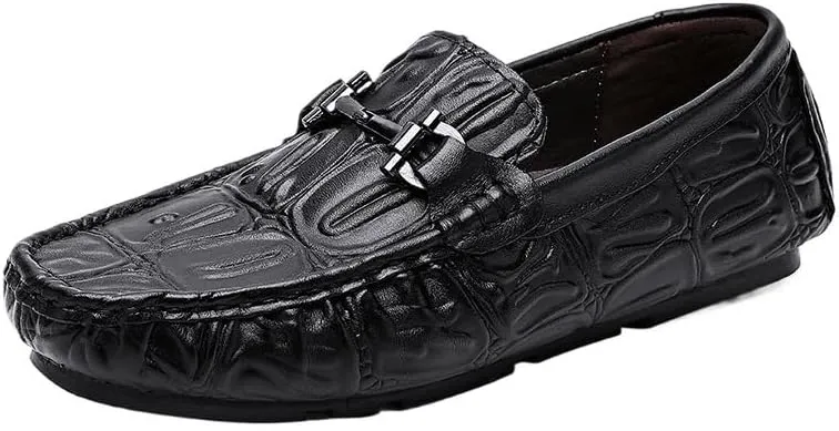 Men's Loafers - Solid Color Leather with Crocodile Print, Comfortable Driving Style, Flexible Slip-Ons with Flat Heel for Casual and Party Wear