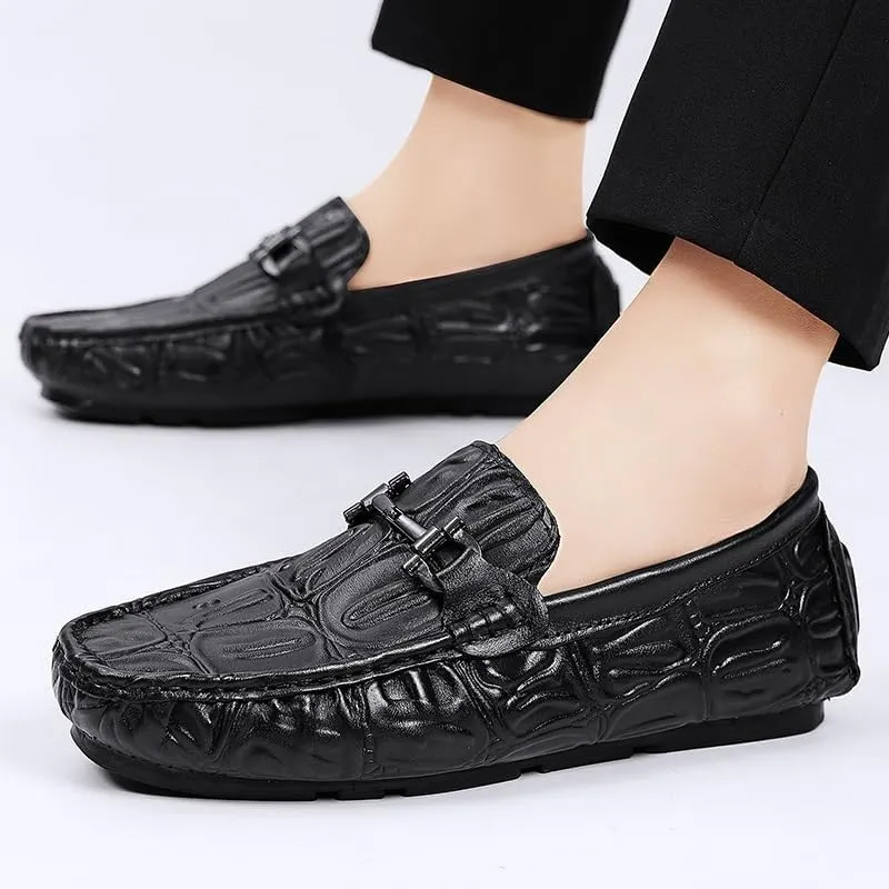 Men's Loafers - Solid Color Leather with Crocodile Print, Comfortable Driving Style, Flexible Slip-Ons with Flat Heel for Casual and Party Wear