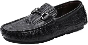 Men's Loafers - Solid Color Leather with Crocodile Print, Comfortable Driving Style, Flexible Slip-Ons with Flat Heel for Casual and Party Wear