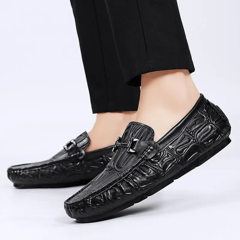 Men's Loafers - Solid Color Leather with Crocodile Print, Comfortable Driving Style, Flexible Slip-Ons with Flat Heel for Casual and Party Wear