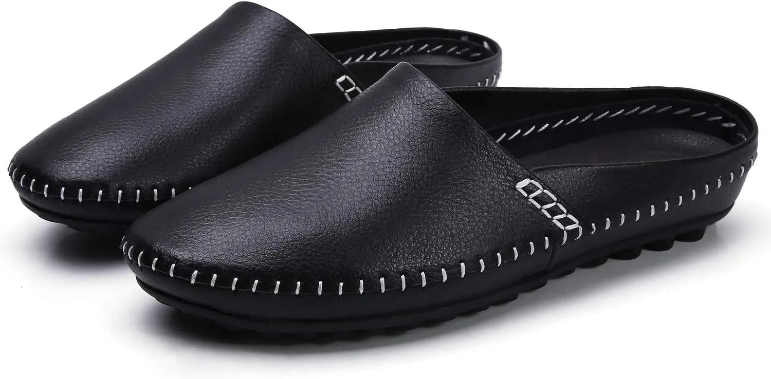 Mens Mules Clog Slippers Breathable Punching Genuine Leather Slip on Casual Backless Loafer Shoes