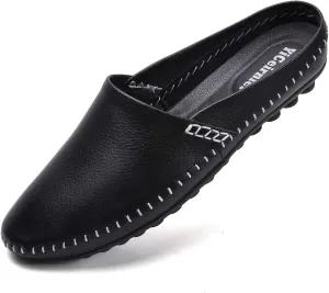 Mens Mules Clog Slippers Breathable Punching Genuine Leather Slip on Casual Backless Loafer Shoes