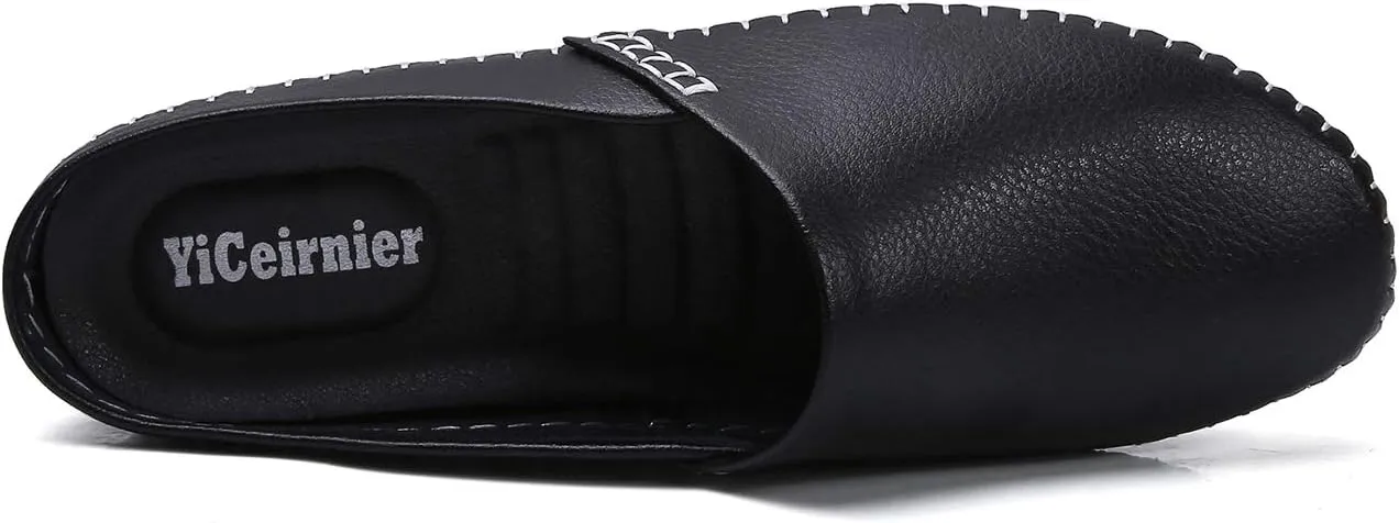Mens Mules Clog Slippers Breathable Punching Genuine Leather Slip on Casual Backless Loafer Shoes