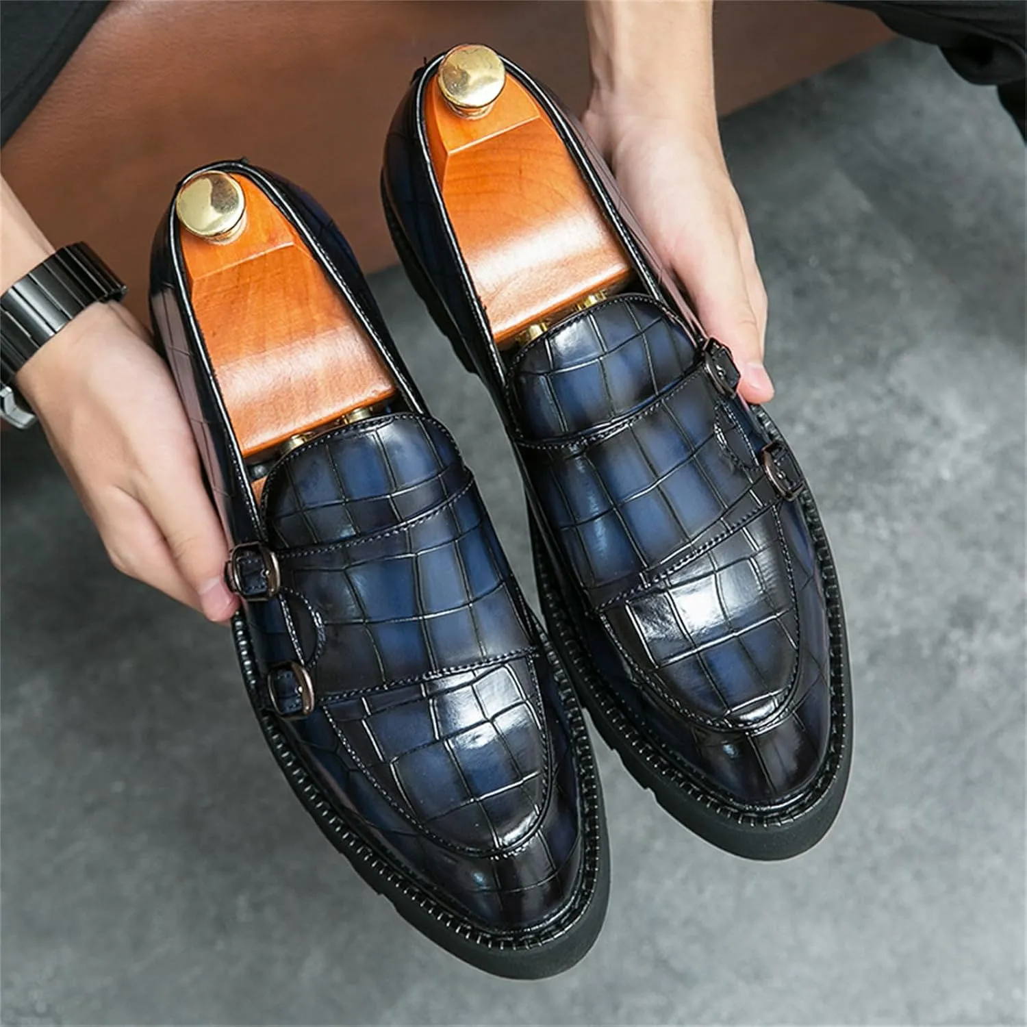Men's Slip-On Patent Leather Platform Loafers with Double Buckle,Classic Non-Slip Penny Loafers Dress Driving Moccasins Casual Fashion Boat Shoes