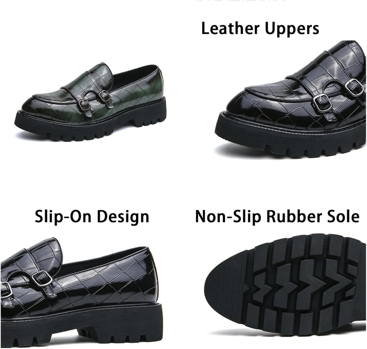 Men's Slip-On Patent Leather Platform Loafers with Double Buckle,Classic Non-Slip Penny Loafers Dress Driving Moccasins Casual Fashion Boat Shoes