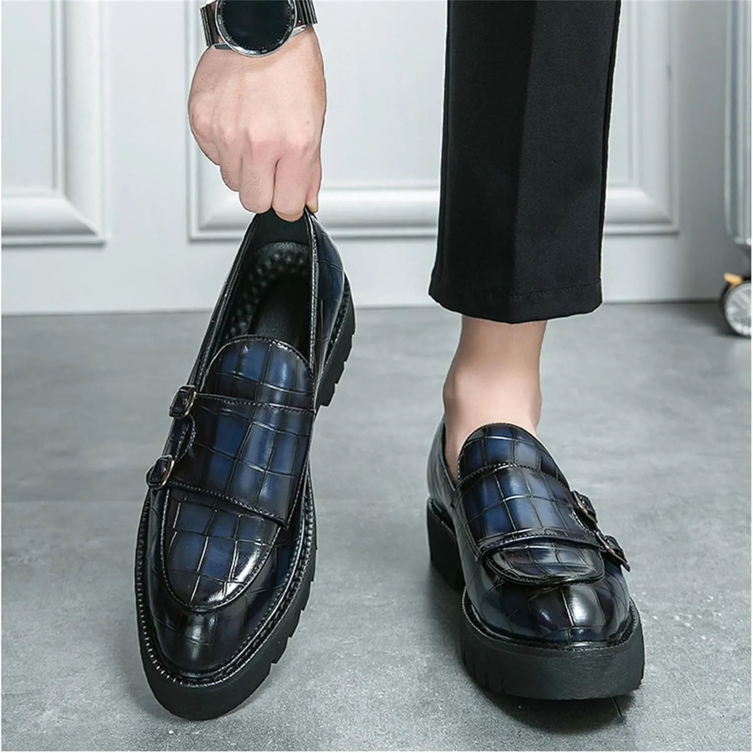 Men's Slip-On Patent Leather Platform Loafers with Double Buckle,Classic Non-Slip Penny Loafers Dress Driving Moccasins Casual Fashion Boat Shoes