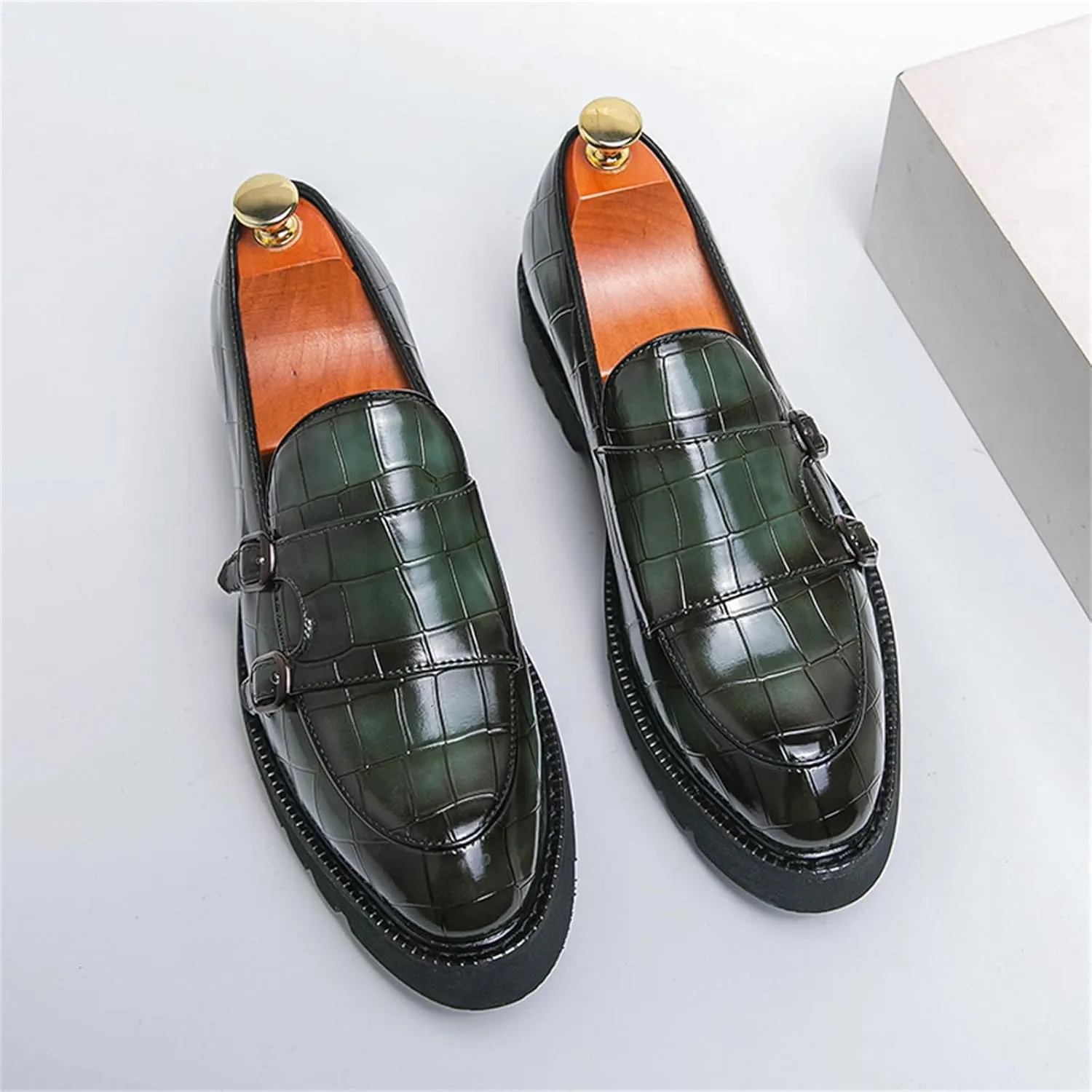 Men's Slip-On Patent Leather Platform Loafers with Double Buckle,Classic Non-Slip Penny Loafers Dress Driving Moccasins Casual Fashion Boat Shoes