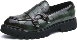 Men's Slip-On Patent Leather Platform Loafers with Double Buckle,Classic Non-Slip Penny Loafers Dress Driving Moccasins Casual Fashion Boat Shoes