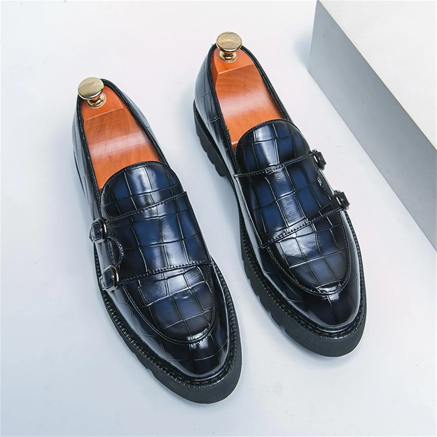 Men's Slip-On Patent Leather Platform Loafers with Double Buckle,Classic Non-Slip Penny Loafers Dress Driving Moccasins Casual Fashion Boat Shoes