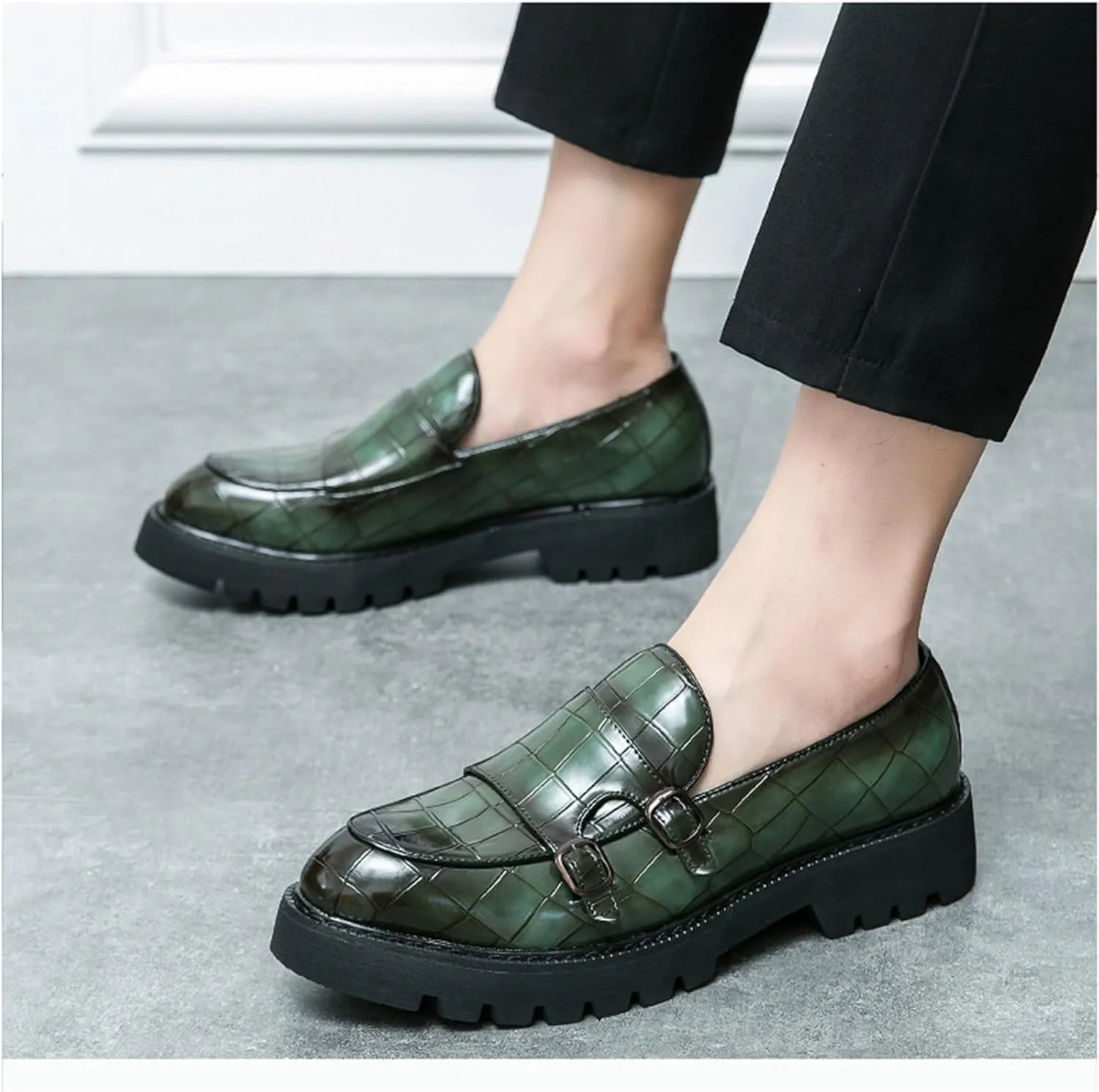 Men's Slip-On Patent Leather Platform Loafers with Double Buckle,Classic Non-Slip Penny Loafers Dress Driving Moccasins Casual Fashion Boat Shoes