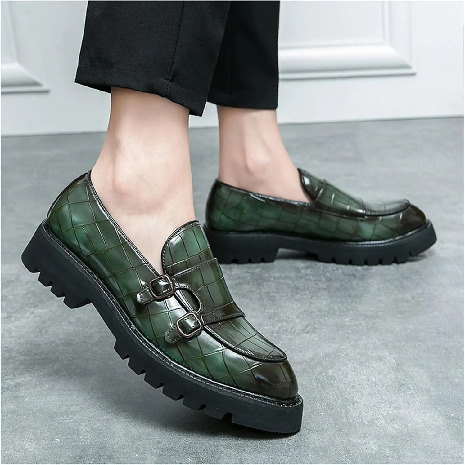 Men's Slip-On Patent Leather Platform Loafers with Double Buckle,Classic Non-Slip Penny Loafers Dress Driving Moccasins Casual Fashion Boat Shoes