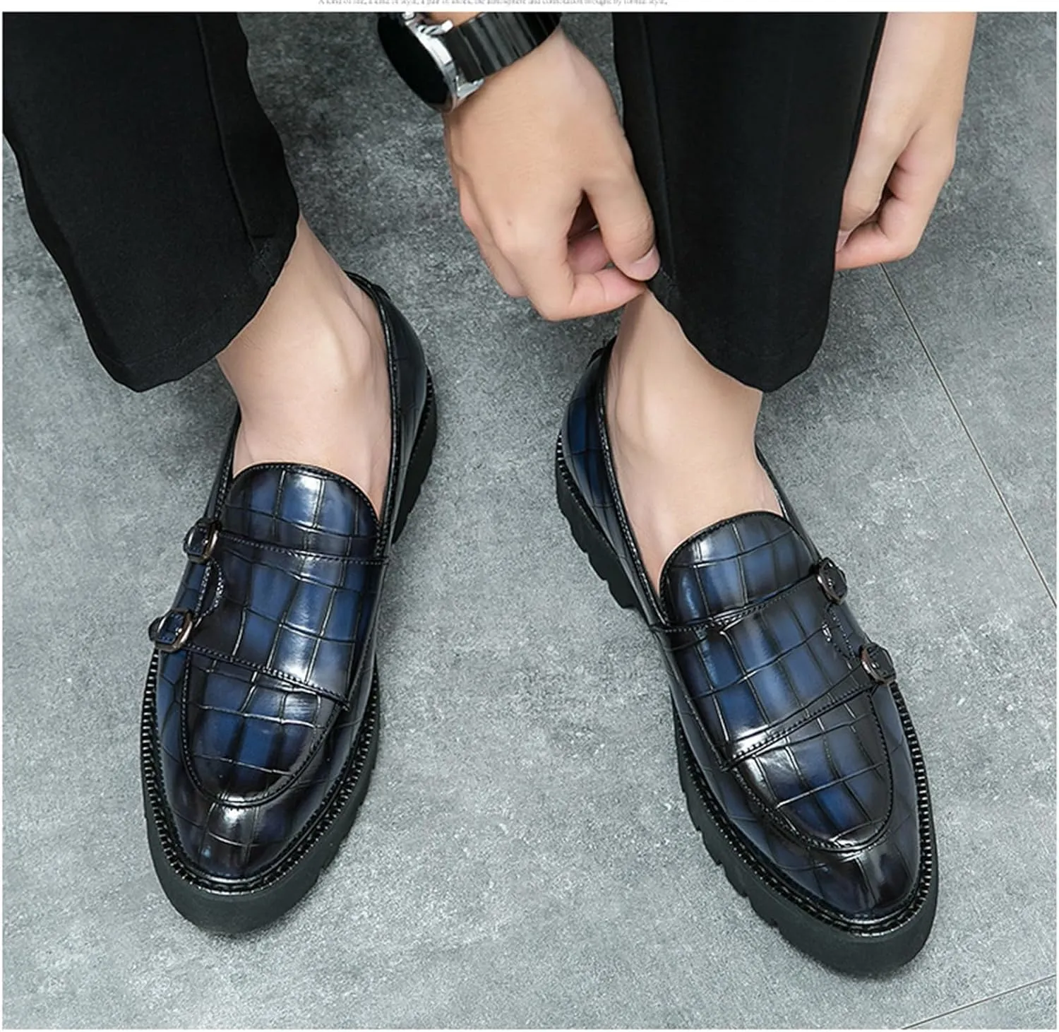 Men's Slip-On Patent Leather Platform Loafers with Double Buckle,Classic Non-Slip Penny Loafers Dress Driving Moccasins Casual Fashion Boat Shoes