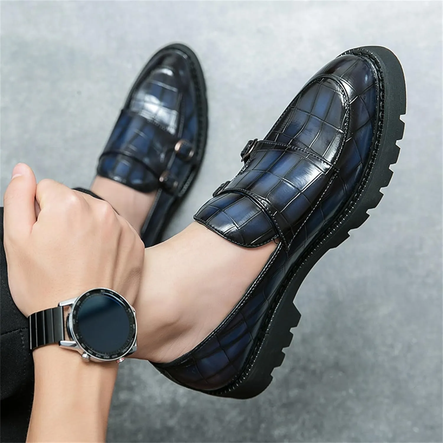 Men's Slip-On Patent Leather Platform Loafers with Double Buckle,Classic Non-Slip Penny Loafers Dress Driving Moccasins Casual Fashion Boat Shoes