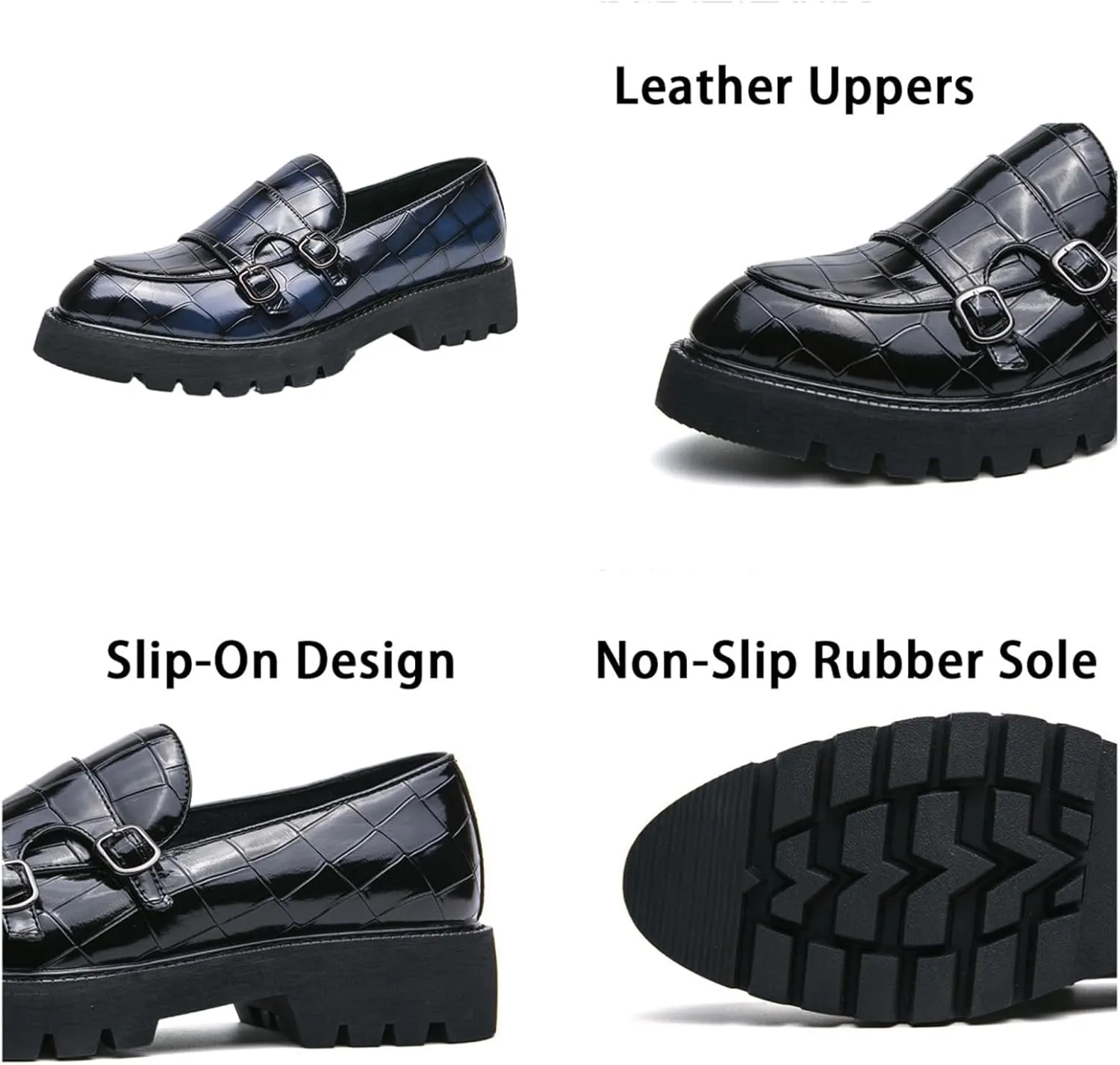 Men's Slip-On Patent Leather Platform Loafers with Double Buckle,Classic Non-Slip Penny Loafers Dress Driving Moccasins Casual Fashion Boat Shoes