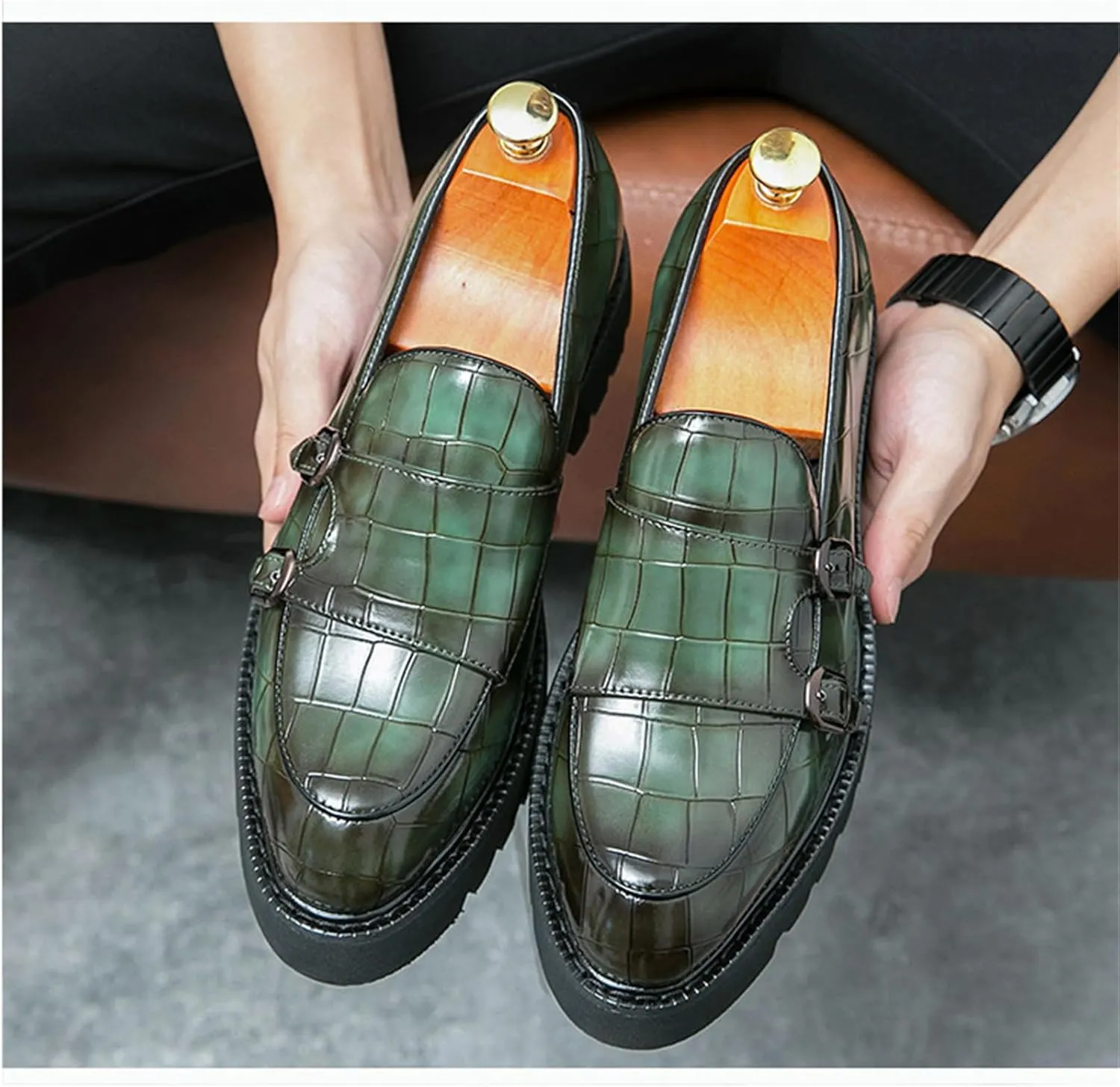 Men's Slip-On Patent Leather Platform Loafers with Double Buckle,Classic Non-Slip Penny Loafers Dress Driving Moccasins Casual Fashion Boat Shoes
