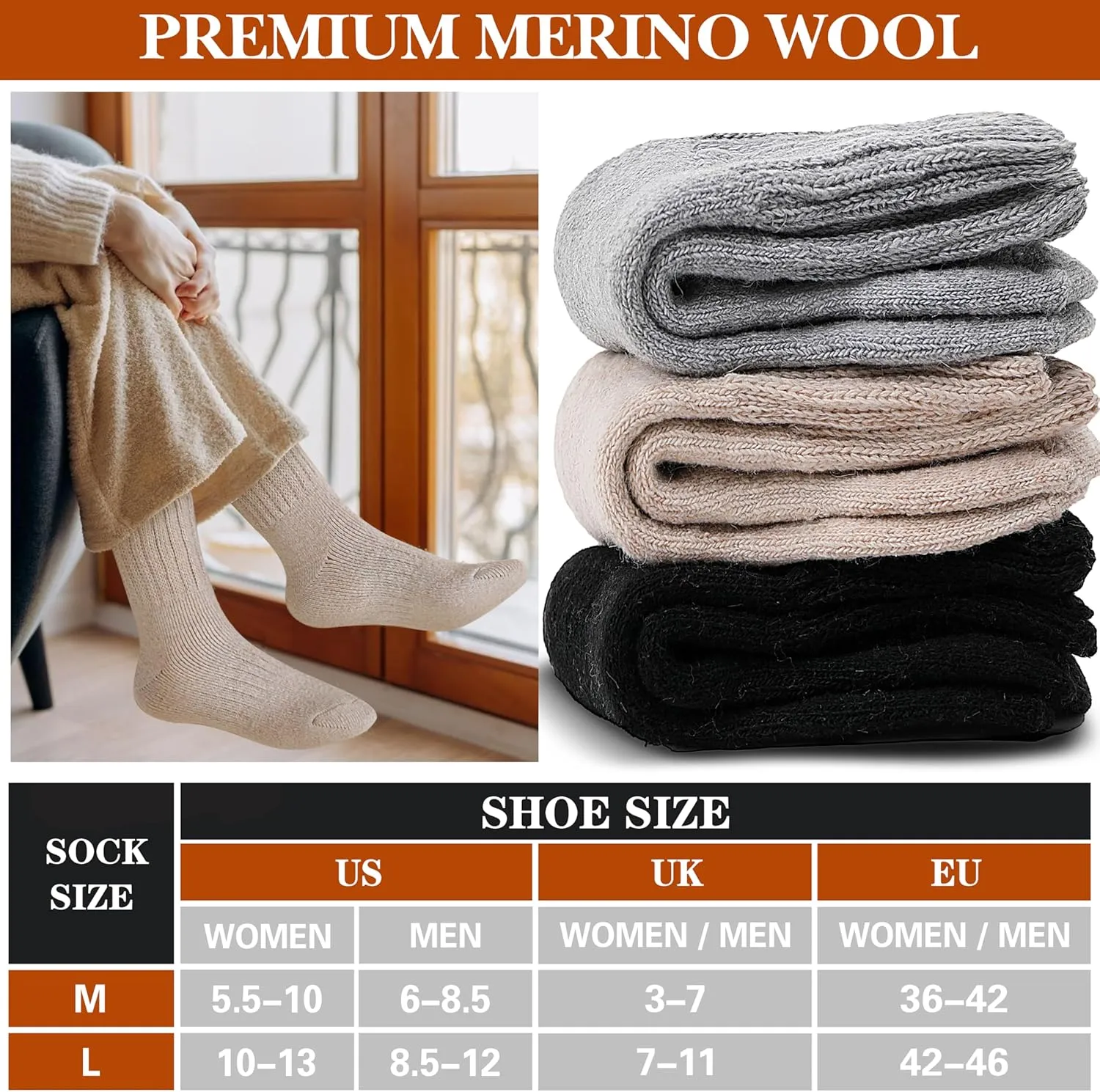 Merino Wool Boot Socks Thermal Winter Warm Thick Cozy Hiking Socks for Men Women 3 Pairs
