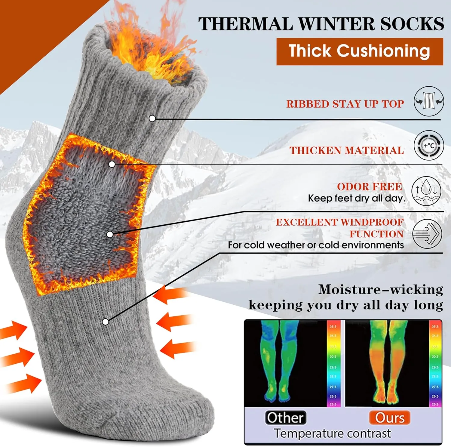 Merino Wool Boot Socks Thermal Winter Warm Thick Cozy Hiking Socks for Men Women 3 Pairs