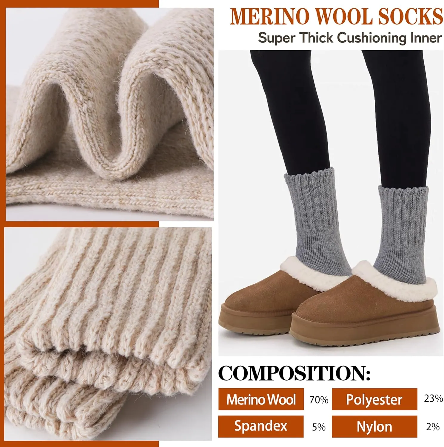 Merino Wool Boot Socks Thermal Winter Warm Thick Cozy Hiking Socks for Men Women 3 Pairs