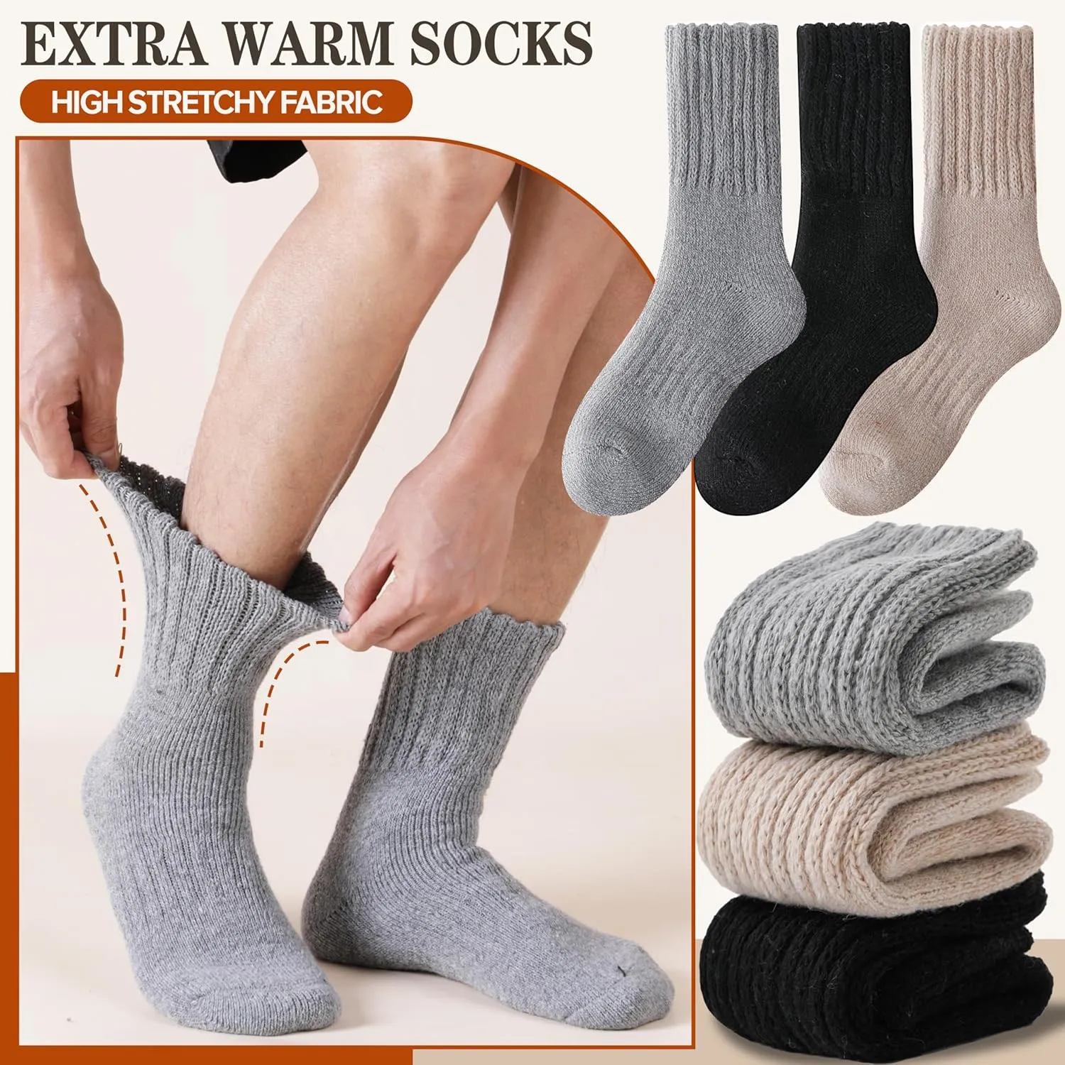 Merino Wool Boot Socks Thermal Winter Warm Thick Cozy Hiking Socks for Men Women 3 Pairs