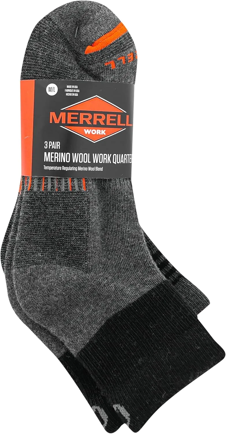 Merrell Men's and Women's Merino Wool Work Socks-3 Pair Pack-Arch Support