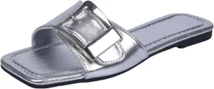 Metal Buckle Slides for Women Summer Dressy Slip-on Flat Sandals Square Toe Slippers Comfortable Slide Sandal