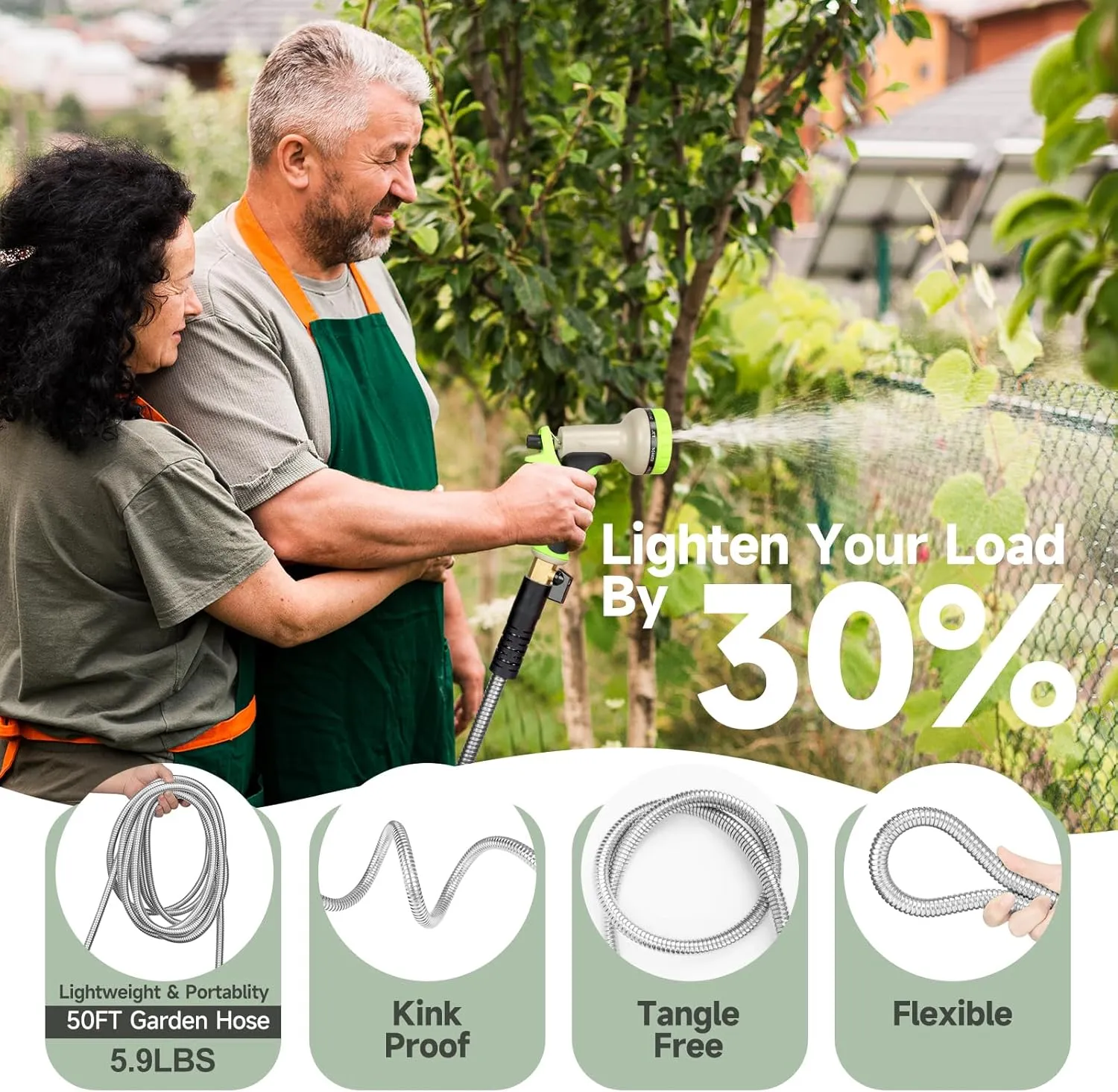 Metal Garden Hose 50 ft Stainless Steel Water Hose Heavy Duty with 10 Way Nozzle-Flexible Lightweight Durable No Kink & Tangle Hoses Pipe Strong 3/4’’ Solid Brass Fitting for Outdoor Yard