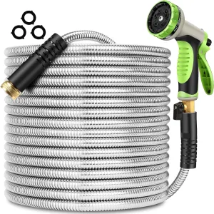 Metal Garden Hose 50 ft Stainless Steel Water Hose Heavy Duty with 10 Way Nozzle-Flexible Lightweight Durable No Kink & Tangle Hoses Pipe Strong 3/4’’ Solid Brass Fitting for Outdoor Yard