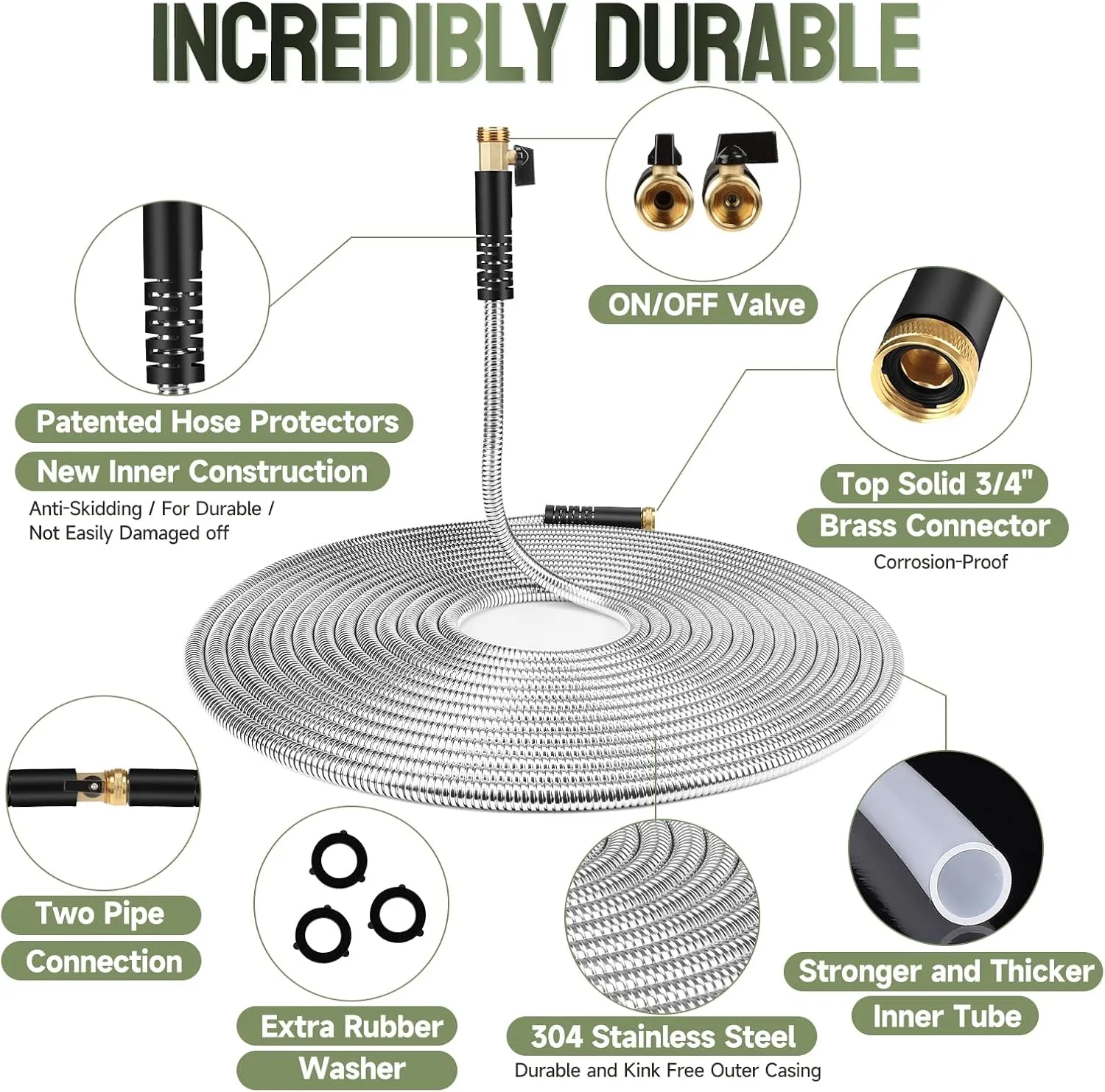 Metal Garden Hose 50 ft Stainless Steel Water Hose Heavy Duty with 10 Way Nozzle-Flexible Lightweight Durable No Kink & Tangle Hoses Pipe Strong 3/4’’ Solid Brass Fitting for Outdoor Yard