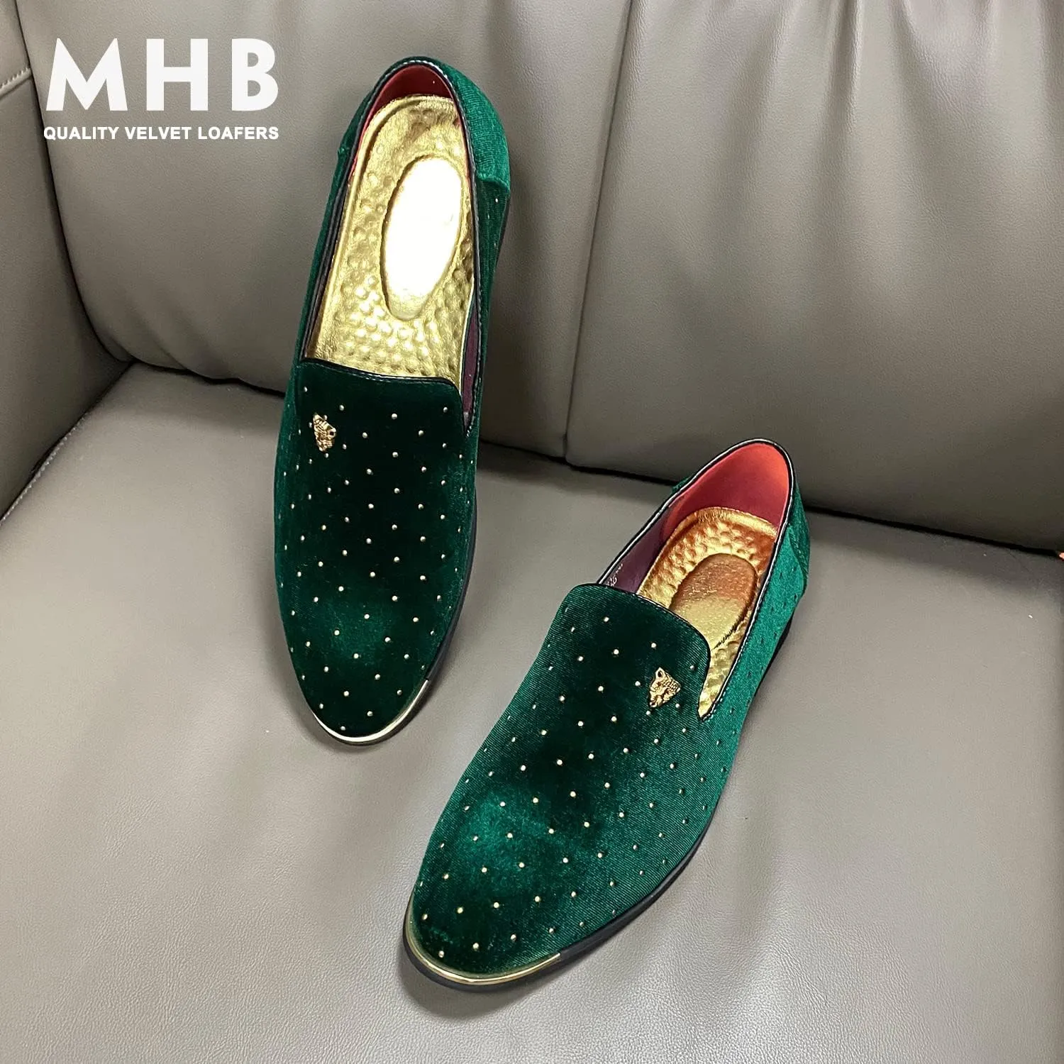 MHB Men's Luxury Velvet Loafers Pointed-Toe Slip-on Suede Dress Shoes for Men Rivet Smoking Slipper Fashion Lightweight